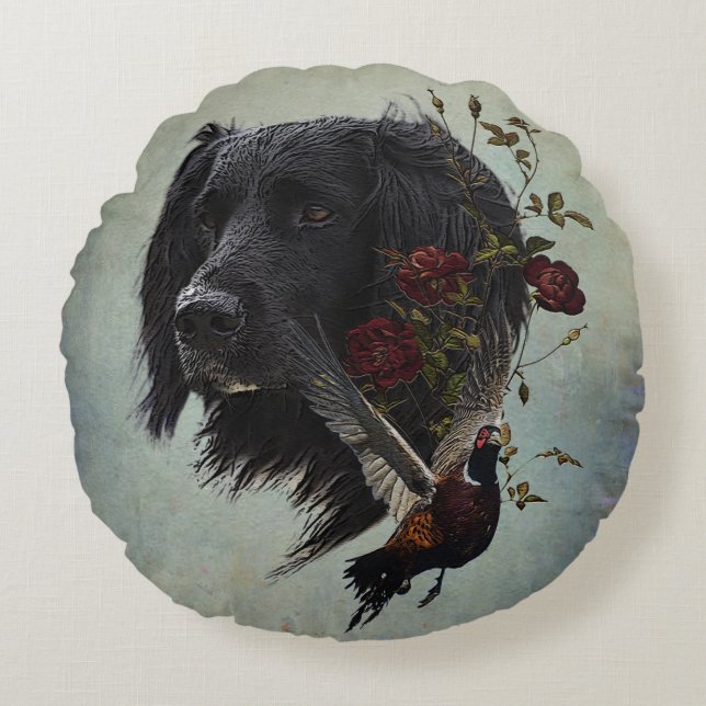 Large Munsterlander with pheasant     Round Cushion (Front)