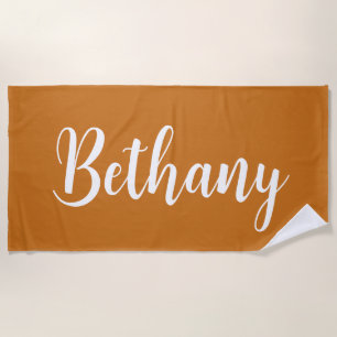 Large Name in White on Deep Yellow Brown  Beach Towel