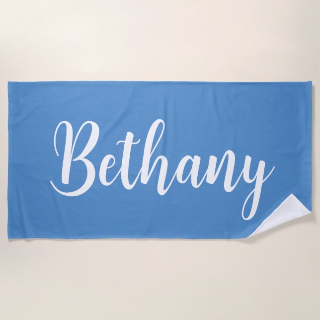Large Name in White on Soft Blue Beach Towel (Front)