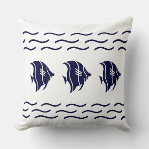 Large navy blue fish & waves on a white  PILLOW