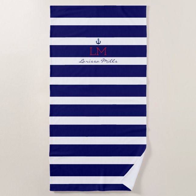 large navy blue stripes nautical with monogram beach towel (Front)