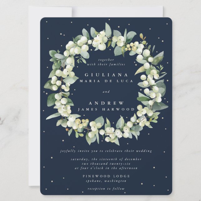 Large Navy Snowberry+Eucalyptus Wreath Wedding Invitation (Front)