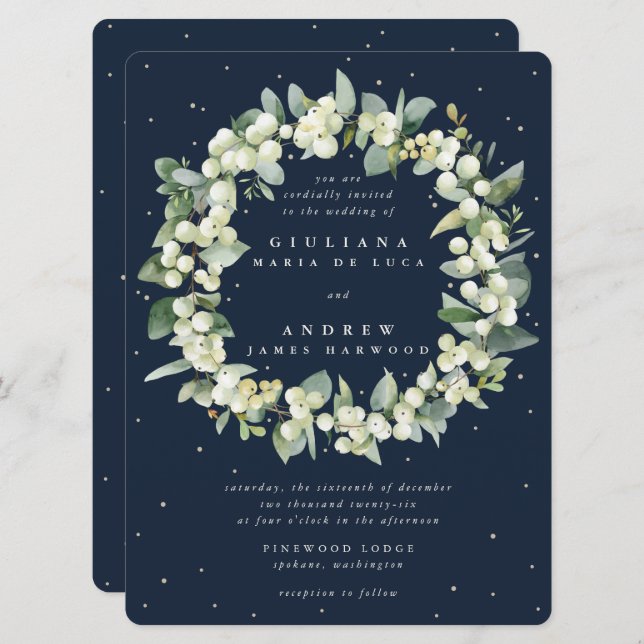 Large Navy Snowberry+Eucalyptus Wreath Wedding Invitation (Front/Back)