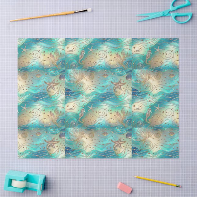 Large Ocean Scape Starfish Seahorse Decoupage  Tissue Paper (Craft)