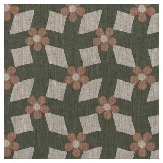 Large Olive Abstract Floral Grid - Natural Linen Fabric