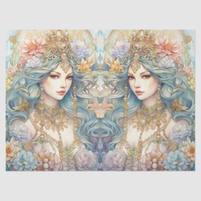 Large Pastel Watercolor Floral Mermaid Decoupage Tissue Paper (Front)