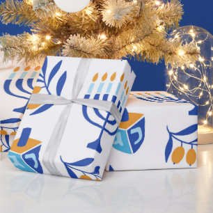 Large Pattern Menorah and Dreidel Hanukkah Wrapping Paper