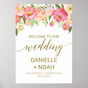 Large Peach and Pink Peony Flowers Wedding Welcome Poster