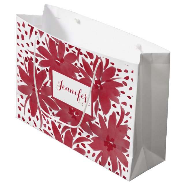 Large Personalised Floral Design Ruby Red Gift Bag (Front Angled)