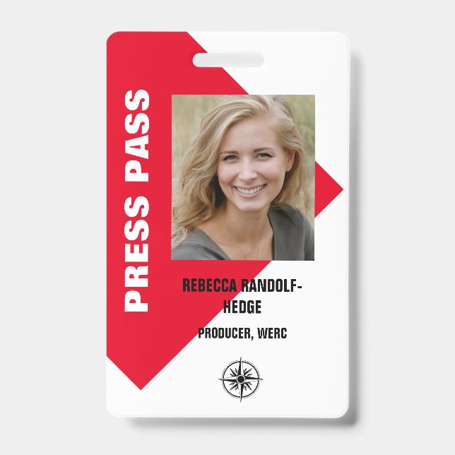 LARGE PHOTO I.D. EVENT PRESS PASS ID BADGE (Front)