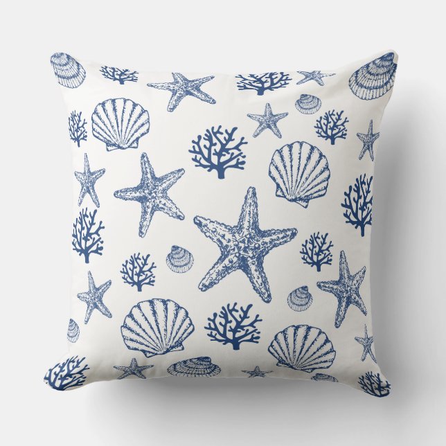 Large Pillow Navy White Sea Shell Pattern Coastal (Front)