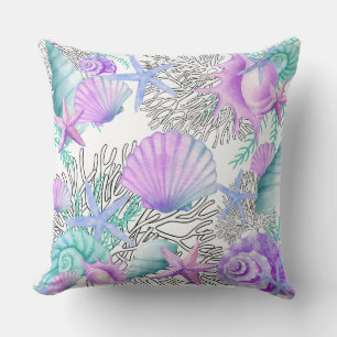 Large Pillow Purple Pink Teal And White Seashells