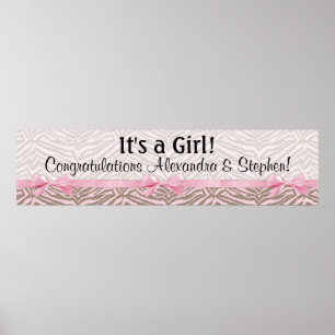 LARGE Pink and Brown Zebra Baby Shower Banner Poster