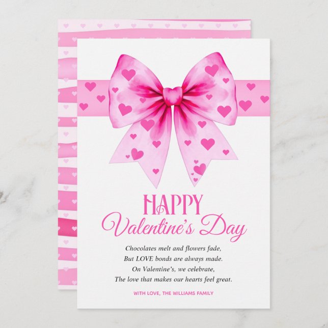 Large pink bow with hearts Happy Valentine's Day  Holiday Card (Front/Back)