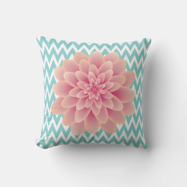 Large Pink Chrysanthemum and Turquoise Chevron Cushion (Front)