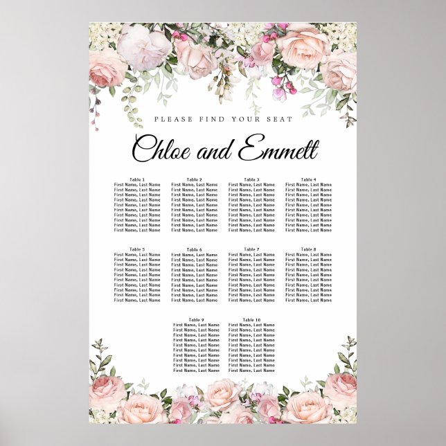 Large Pink Floral 10-Table Wedding Seating Chart (Front)
