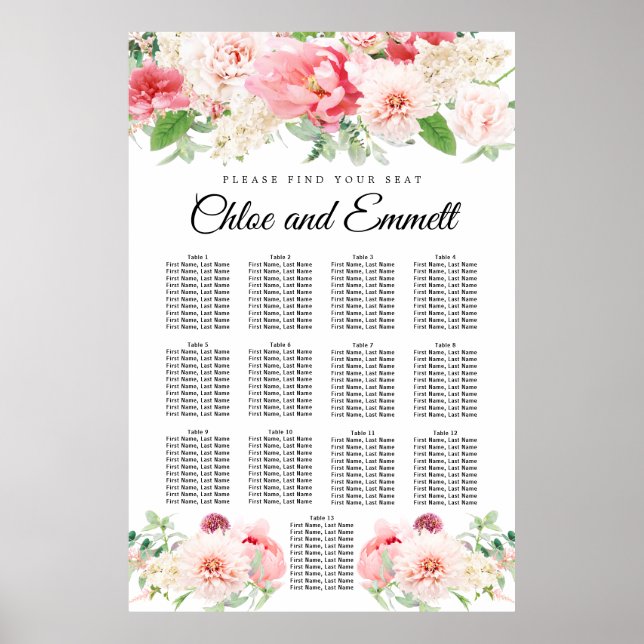 Large Pink Floral 13-Table Wedding Seating Chart (Front)
