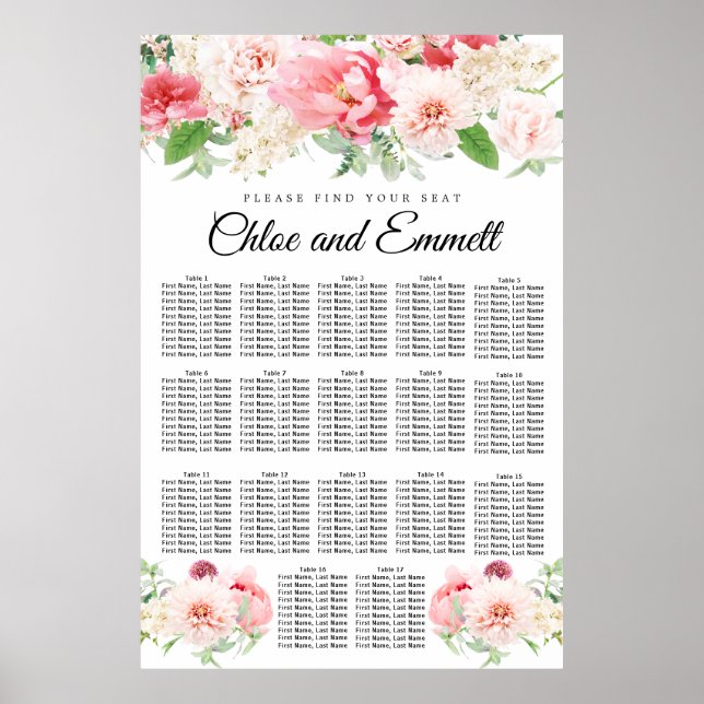 Large Pink Floral 17-Table Wedding Seating Chart (Front)