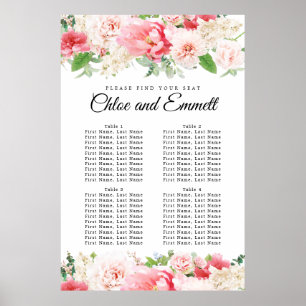 Large Pink Floral 4-Table Wedding Seating Chart