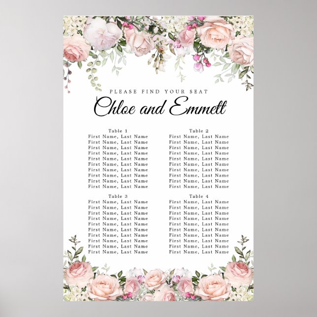 Large Pink Floral 4-Table Wedding Seating Chart (Front)