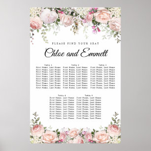 Large Pink Floral 5-Table Wedding Seating Chart