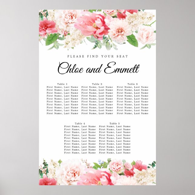 Large Pink Floral 5-Table Wedding Seating Chart (Front)