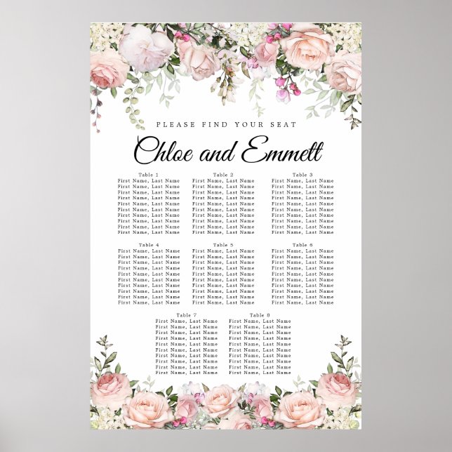 Large Pink Floral 8-Table Wedding Seating Chart (Front)