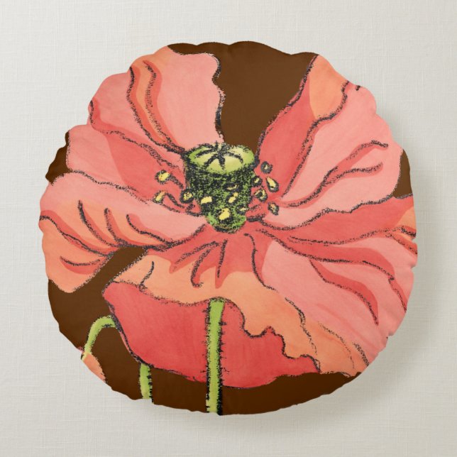 Large Pink Flower with Deep Red Background Round Cushion (Front)