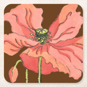 Large Pink Flower with Deep Red Background Square Paper Coaster