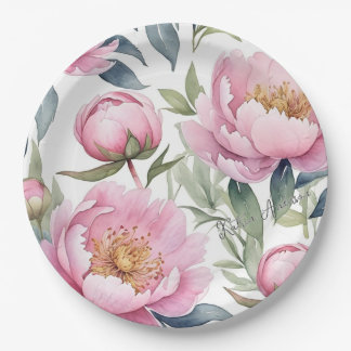 large pink peonies watercolor paper plate
