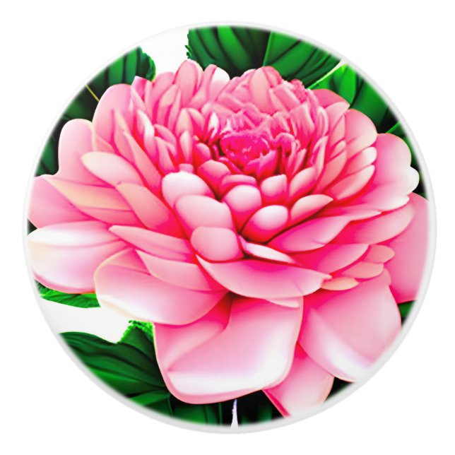 Large Pink Peony with Emerald Green Leaves Ceramic Knob (Front)