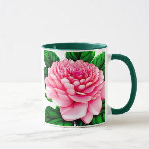 Large Pink Peony with Emerald Green Leaves Mug