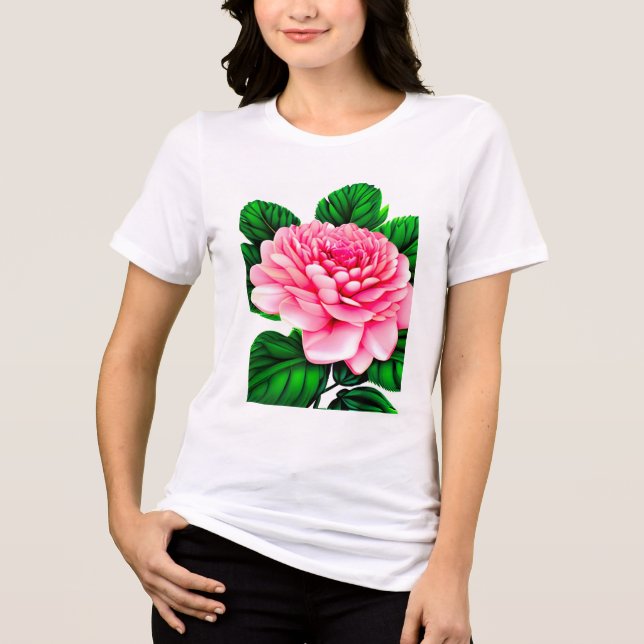 Large Pink Peony with Emerald Green Leaves  Tri-Blend Shirt (Front)