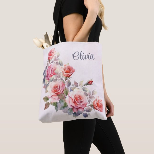 Large Pink Roses Personalised Tote Bag (Close Up)