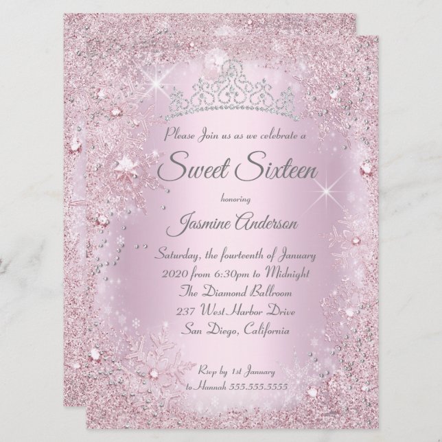Large Pink Silver Winter Wonderland Sweet 16 Tiara Invitation (Front/Back)