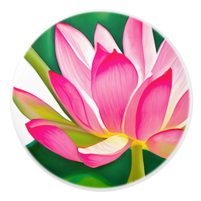 Large Pink Water Lily with Emerald Green Leaves  Ceramic Knob (Front)