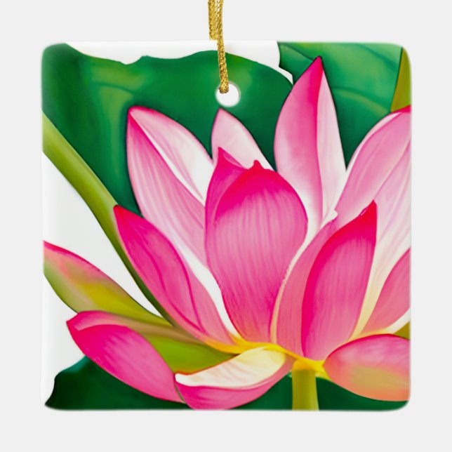 Large Pink Water Lily with Emerald Green Leaves  Ceramic Ornament (Front)