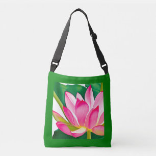 Large Pink Water Lily with Emerald Green Leaves Crossbody Bag