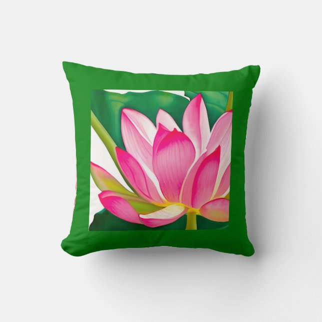 Large Pink Water Lily with Emerald Green Leaves  Cushion (Front)