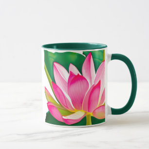 Large Pink Water Lily with Emerald Green Leaves Mug