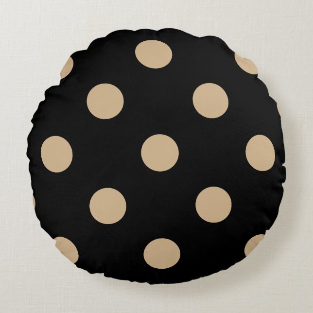 Large Polka Dots - Tan on Black Round Cushion (Front)