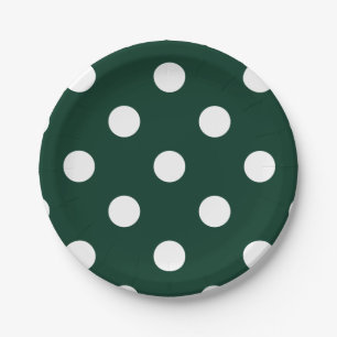 Large Polka Dots - White on Dark Green Paper Plate