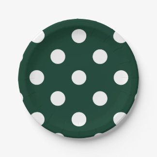 Large Polka Dots - White on Dark Green Paper Plate
