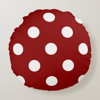 Large Polka Dots - White on Dark Red Round Cushion