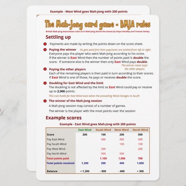 Large Print Card Game rules  – Settling up (Front/Back)