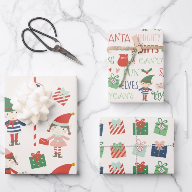 Large Print Santas Elves Pattern Christmas  Wrapping Paper Sheet (Front)