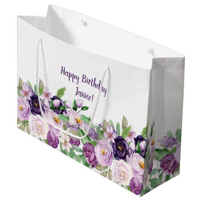 Large Purple and Lavender Roses Monogram Gift Bag (Front Angled)