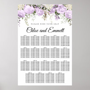Large Purple Floral 19-Table Wedding Seating Chart