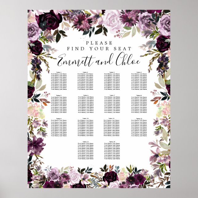 Large Purple Pink Floral 14-Table Seating Chart (Front)