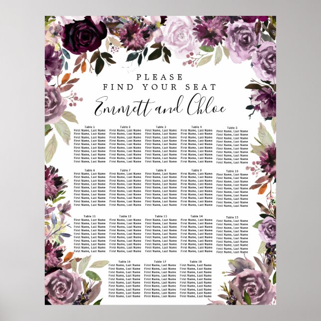 Large Purple Pink Floral 18-Table Seating Chart (Front)